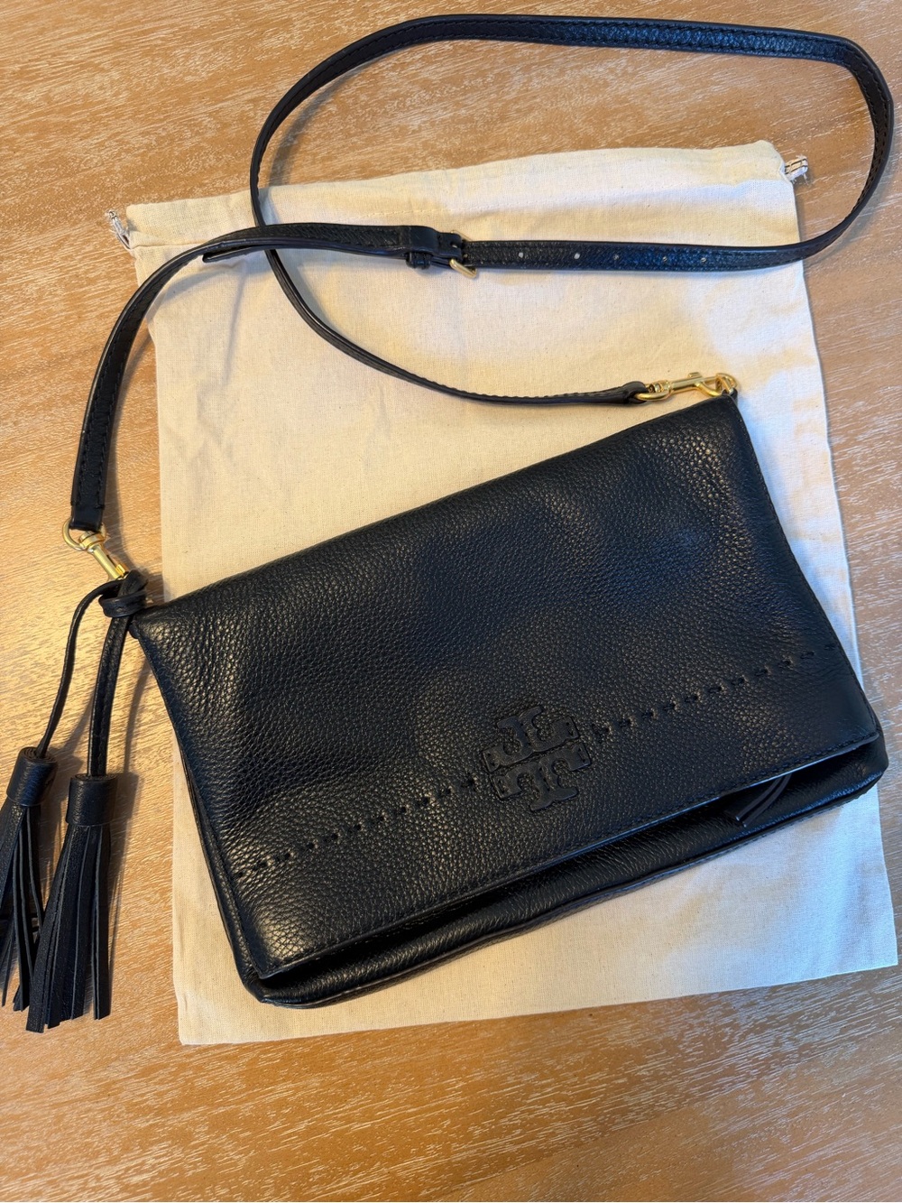 Tory Burch Black Pebbled Leather Crossbody with Tassels & Dust Bag